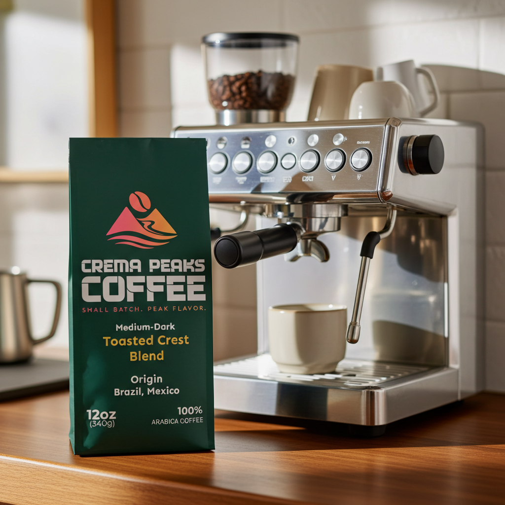 Crema Peaks Coffee package in front of an espresso machine on a wooden counter.