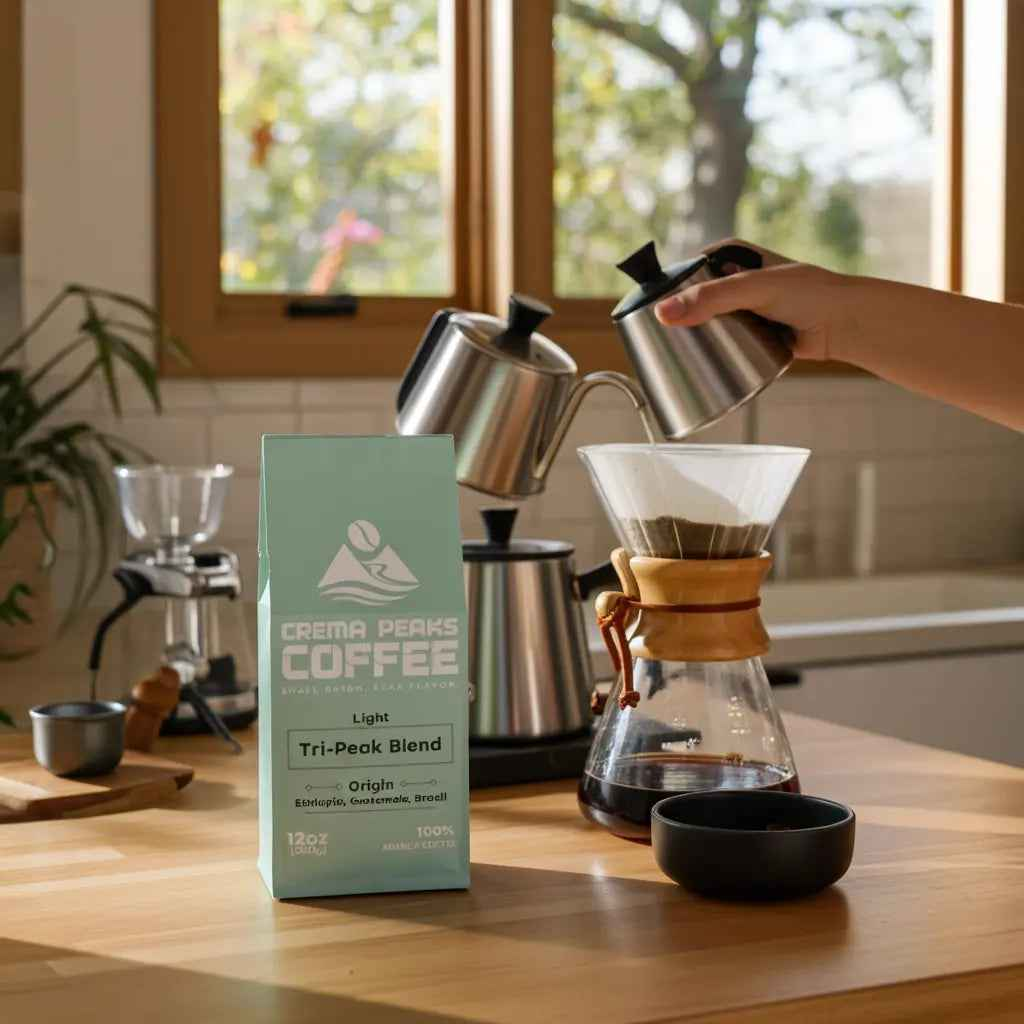 Tri-Peak Blend, Clean. Bright. Intentionally Roasted. Blackberry like acidity, caramel sweetness, with hints of plum and black tea, for a well-rounded cup. - Crema Peaks Coffee