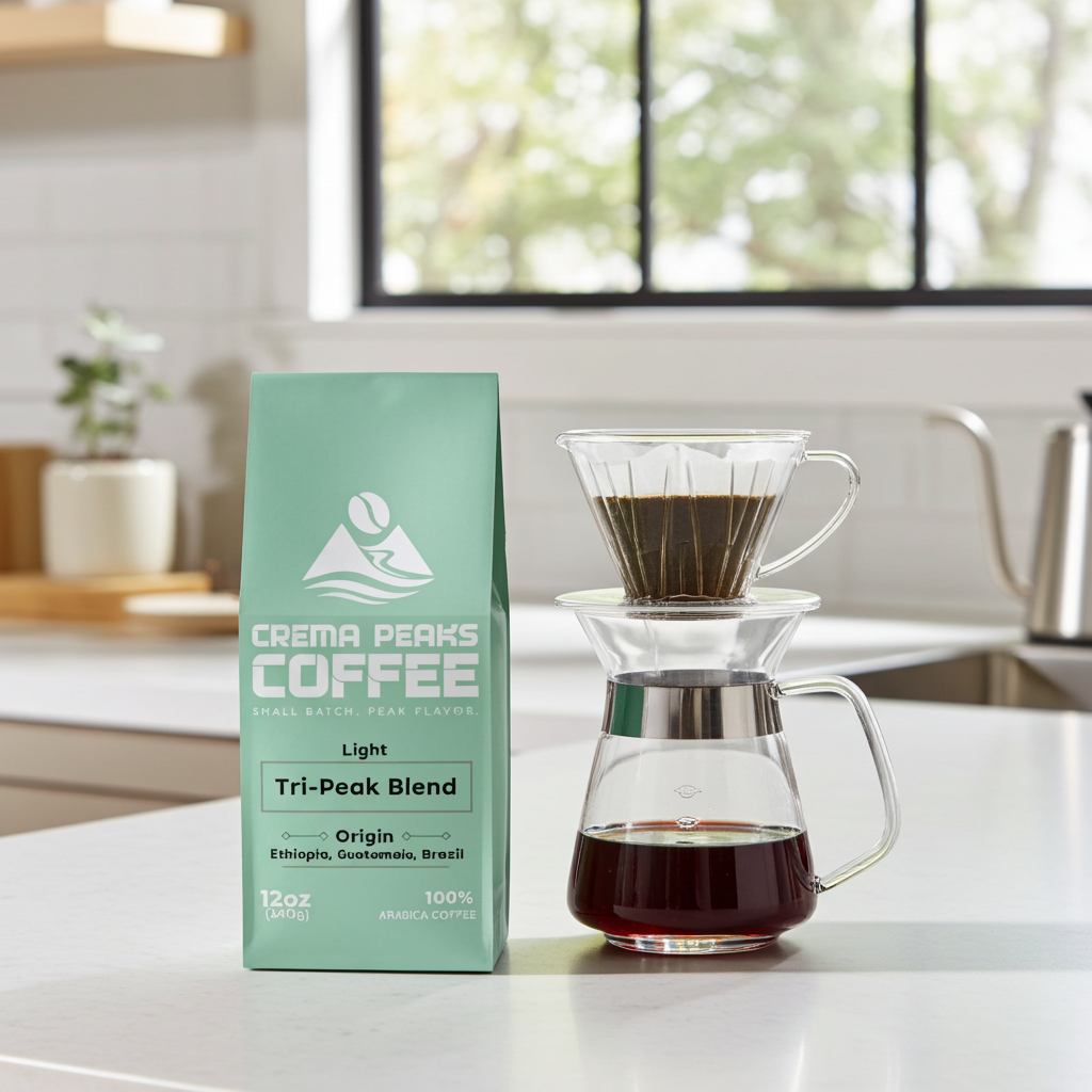 Crema Peaks Coffee package with a glass coffee maker on a kitchen counter