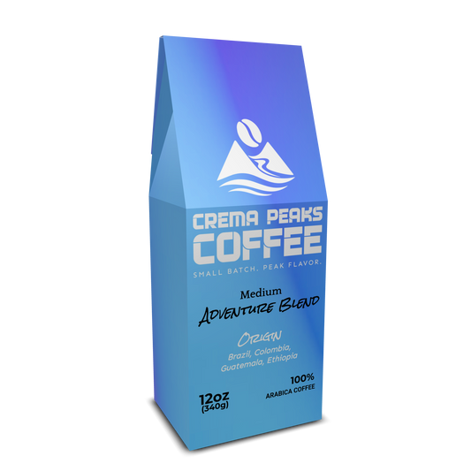 Crema Peaks Coffee bag with blue gradient on a white background with logo and coffee origin