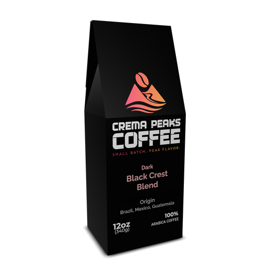 Black Crest Blend, Bold Depth. Balanced Finish. Remarkably Smooth. Baker’s chocolate and caramelized sweetness. Also espresso-ready. - Crema Peaks Coffee