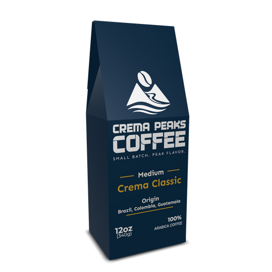 Crema Peaks Coffee package on a white background with logo and coffee origin