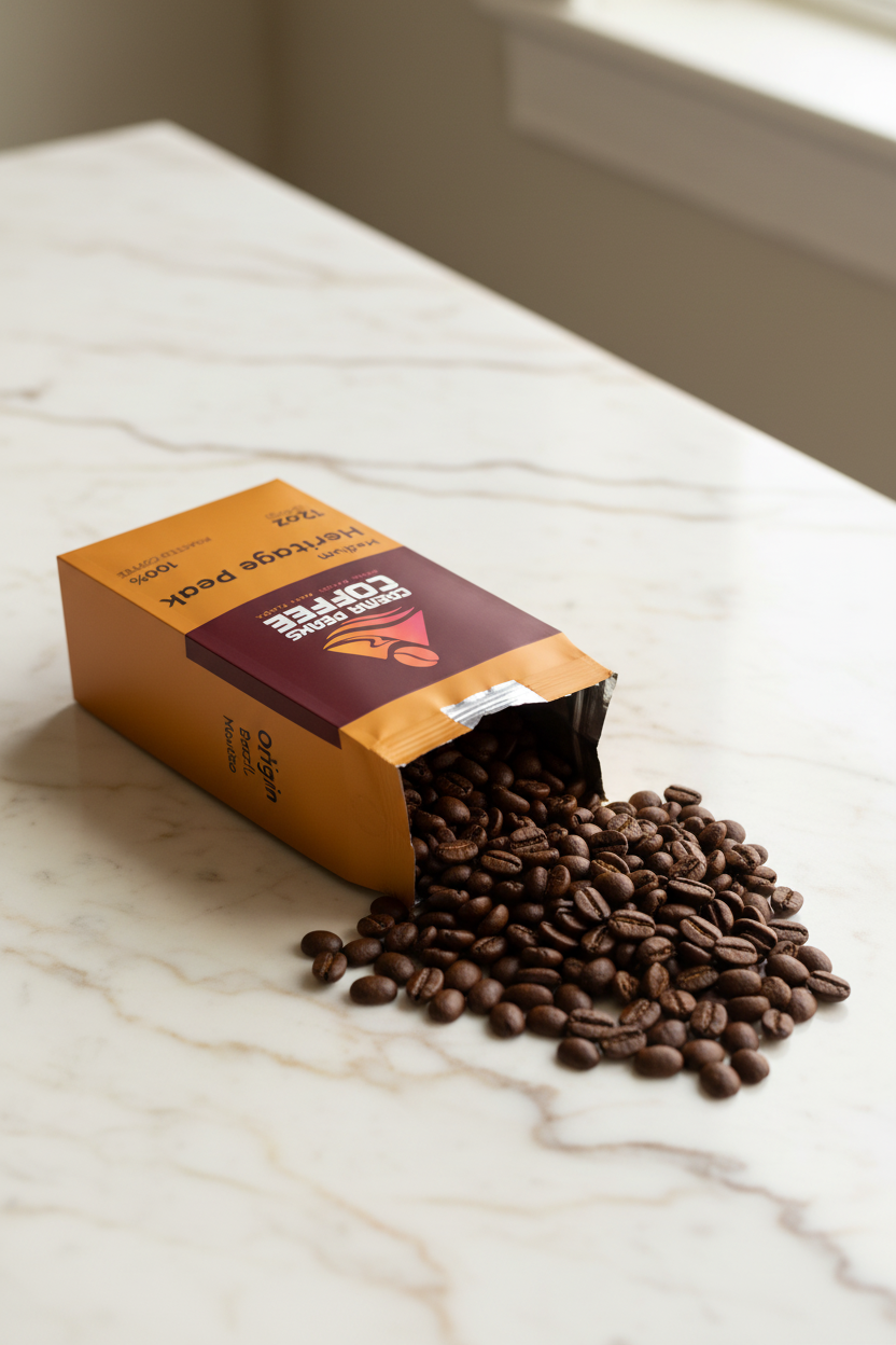 Crema Peaks Bag Laying Down Beans Spilling