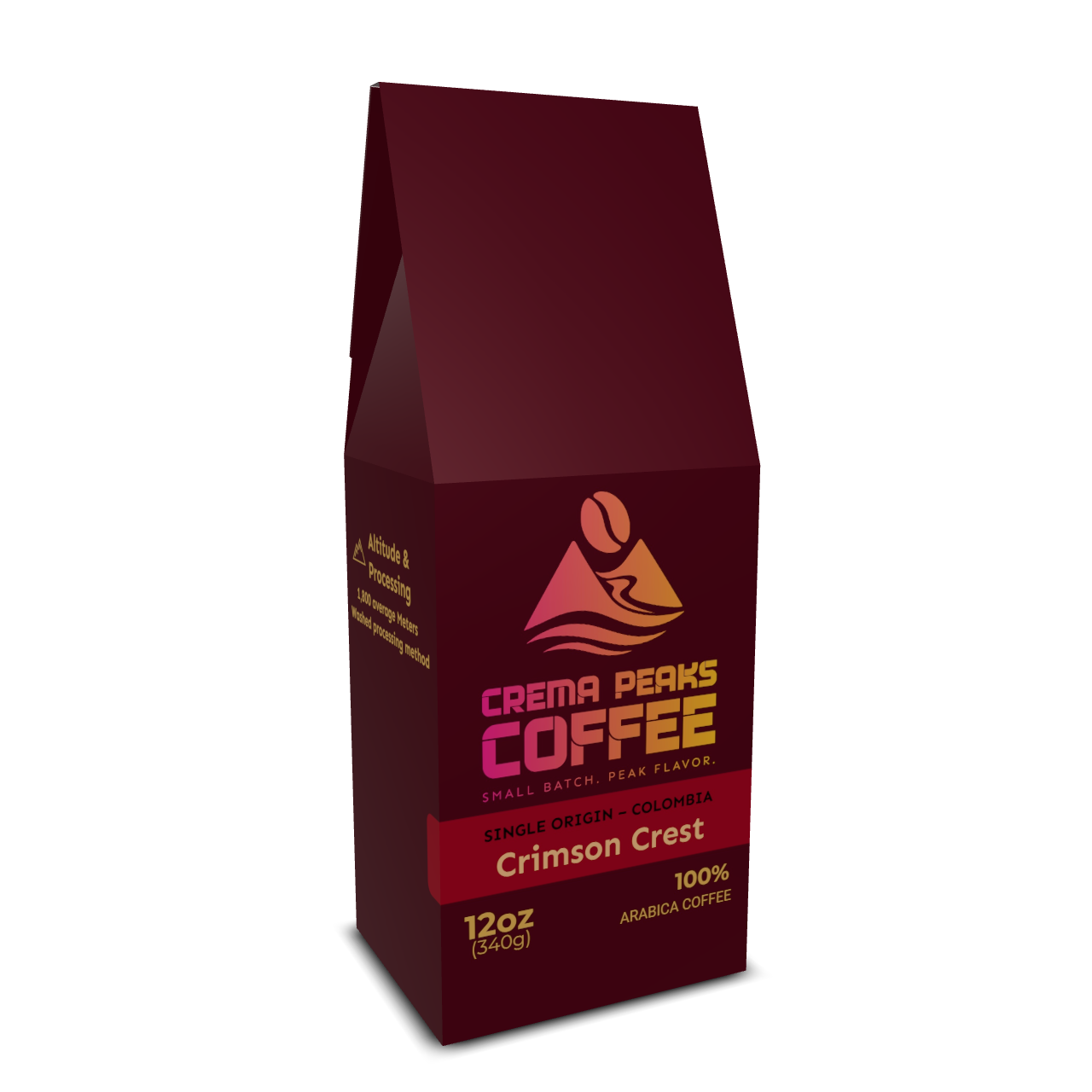 Crema Peaks Coffee Crimson Crest packaging on a white background, single origin light-medium roast 12oz 100% Arabica coffee
