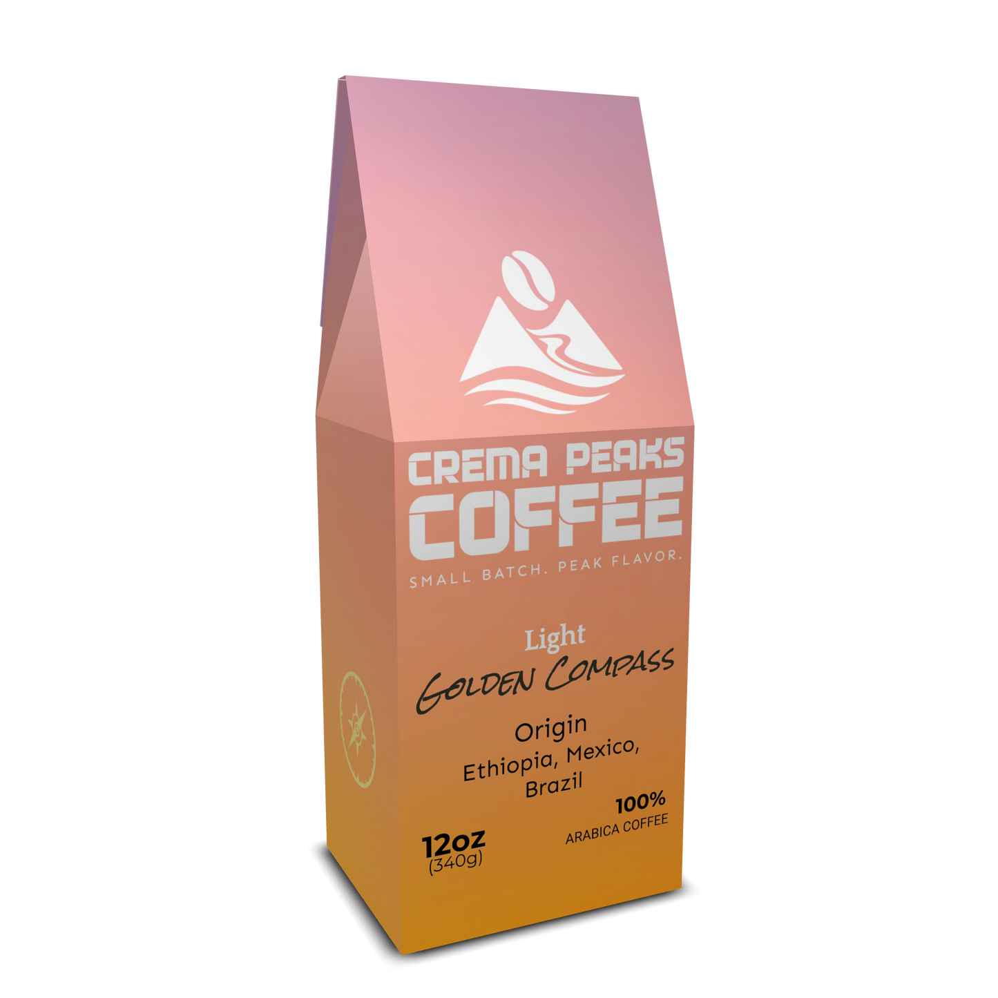 Crema Peaks Coffee package with gradient design on a white background and coffee origin