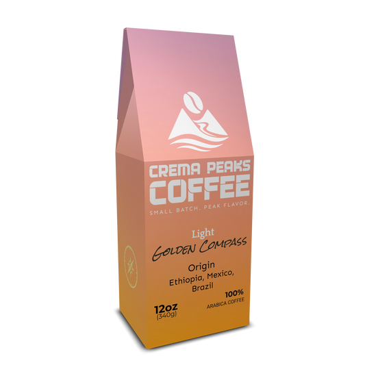 Crema Peaks Coffee package with gradient design on a white background and coffee origin