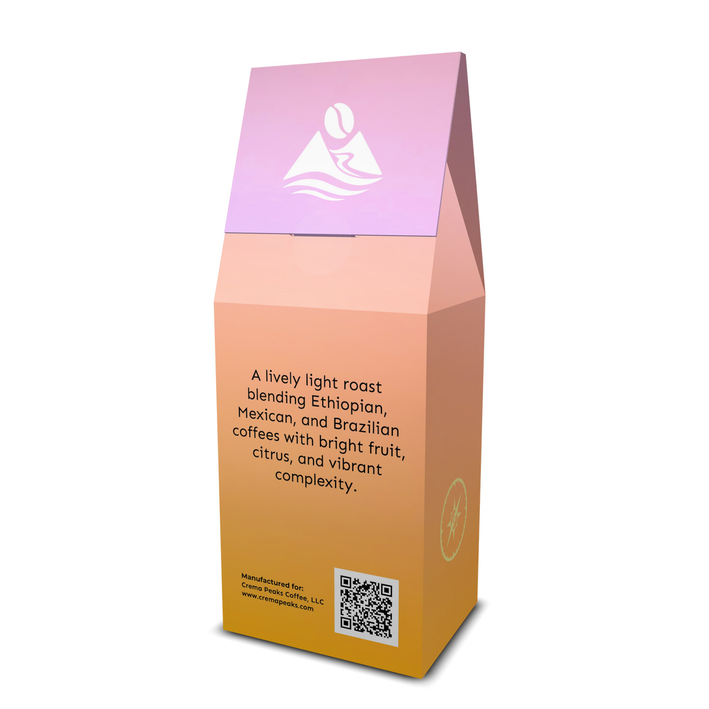 Coffee packaging with a gradient from pink to orange on a white background and QR code with tasting notes and crema peaks coffee website
