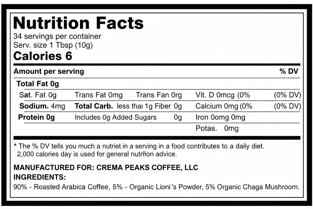 Hi-Res Nutrition Label for coffee product