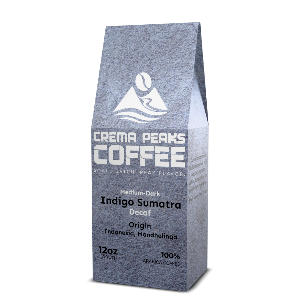 Indigo Sumatra Coffee, Full Character. No Caffeine. Earthy chocolate depth with full body. Real coffee character, no caffeine. - Crema Peaks Coffee