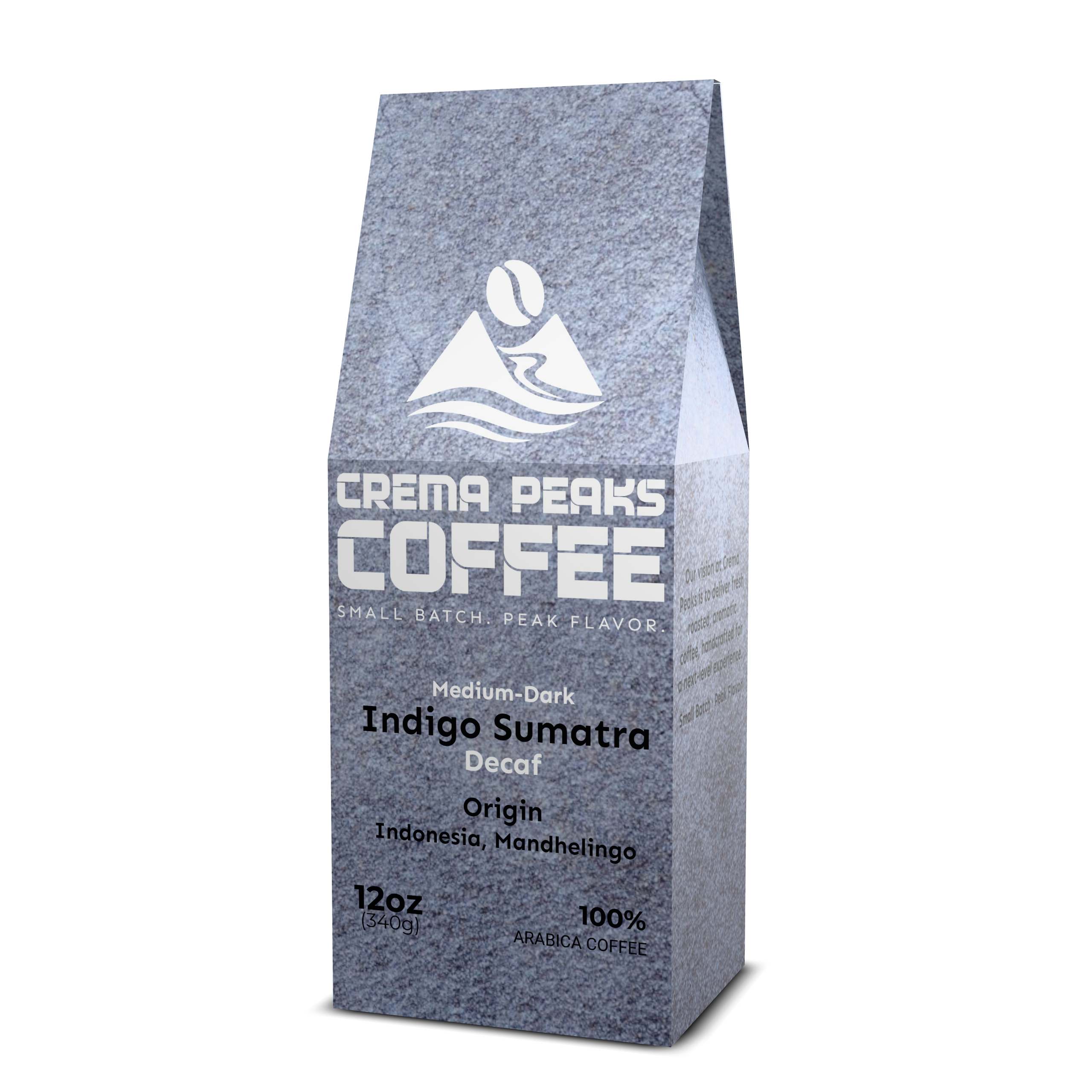 Indigo Sumatra Coffee, Full Character. No Caffeine. Earthy chocolate depth with full body. Real coffee character, no caffeine. - Crema Peaks Coffee