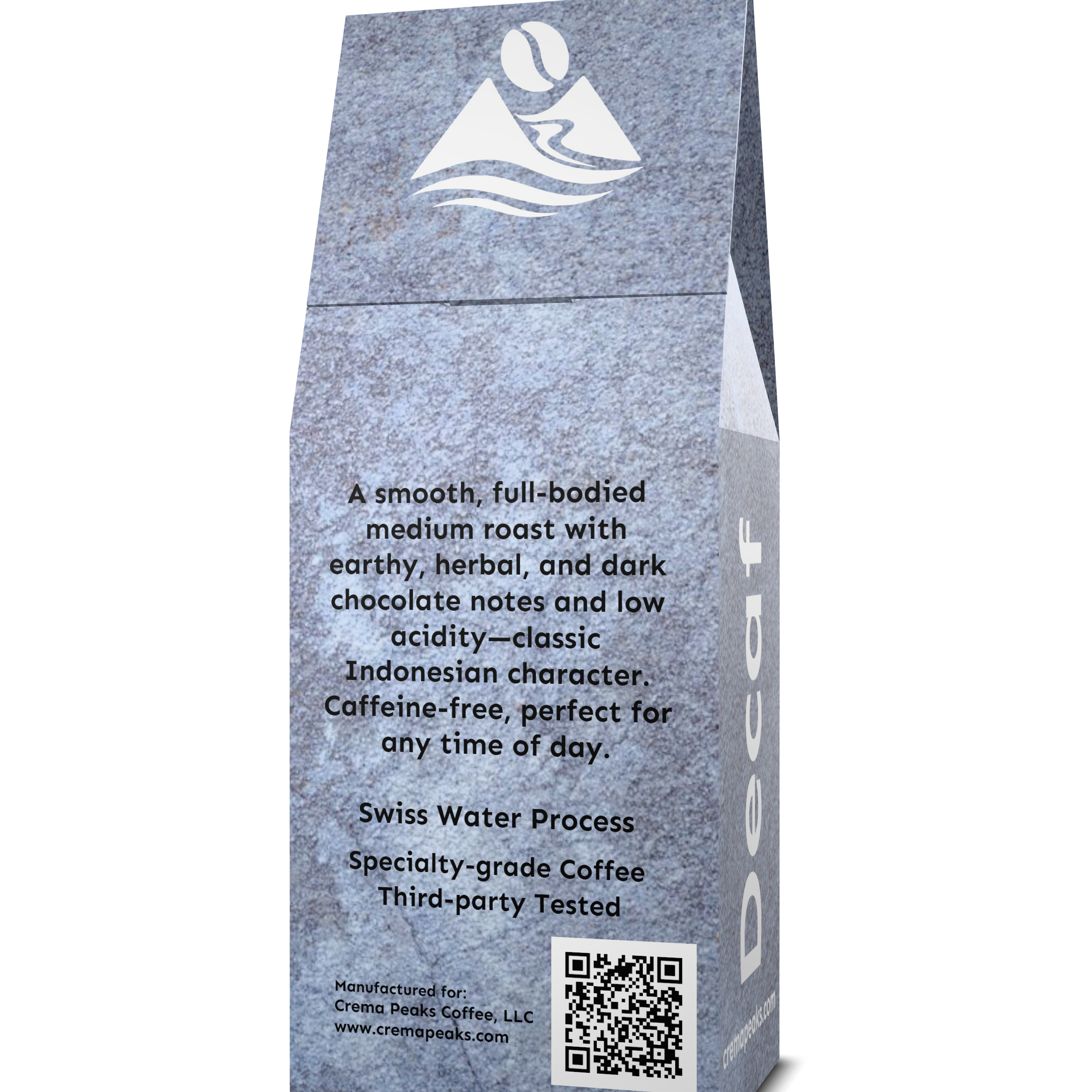 Coffee package with text and, Swiss Water Process and a QR code on a white background