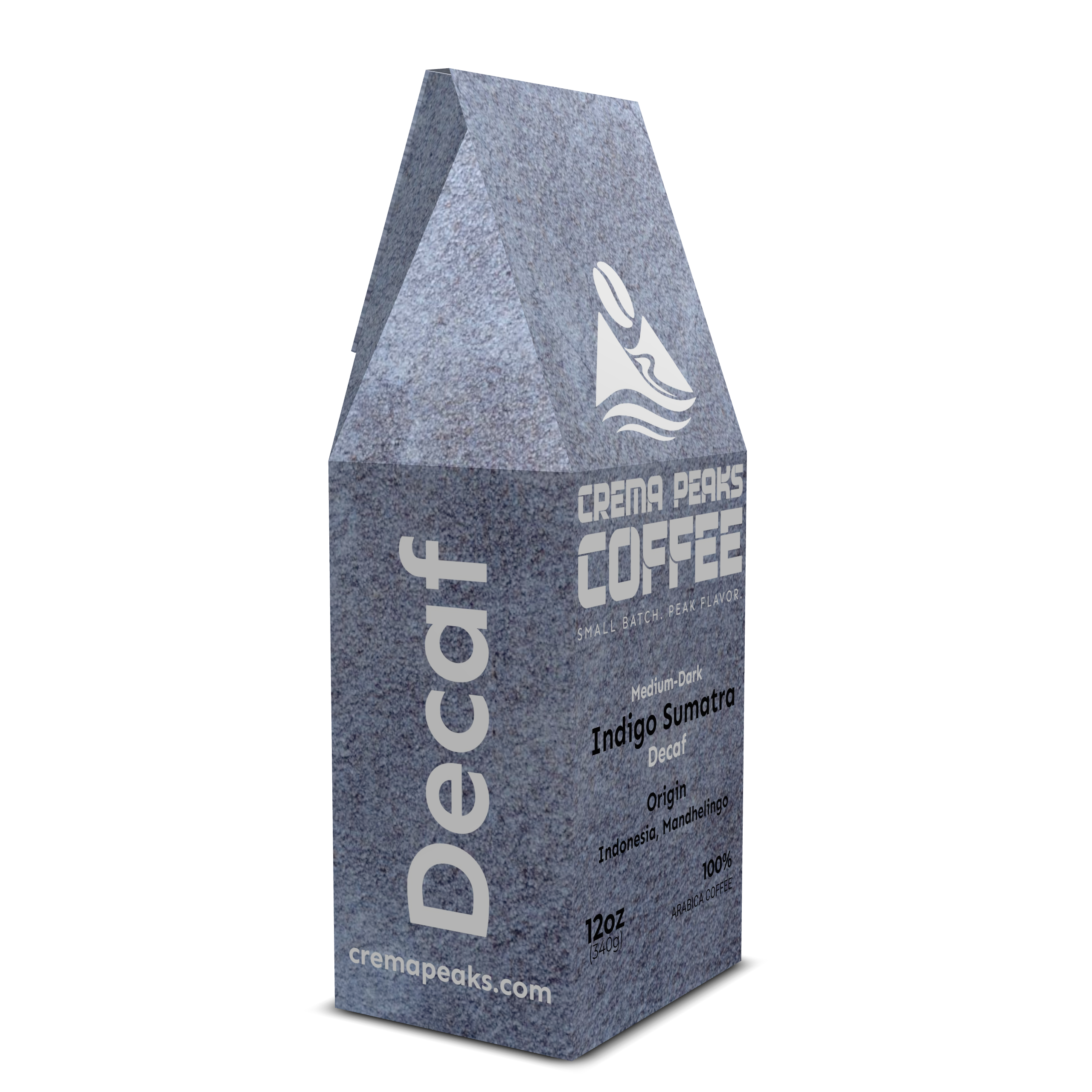 Decaf coffee package with Crema Peaks Coffee branding on a white background
