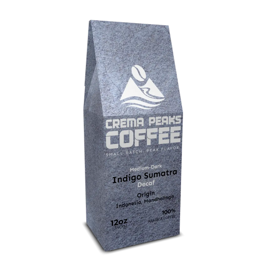 Indigo Sumatra Coffee, Full Character. No Caffeine. Earthy chocolate depth with full body. Real coffee character, no caffeine. - Crema Peaks Coffee