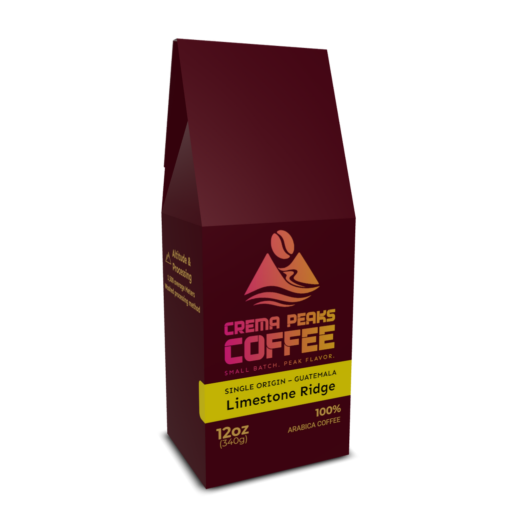 Limestone Ridge-Guatemalan Coffee (SO), High-Altitude Clarity. Volcanic Depth-Volcanic sweetness with plum brightness and refined chocolate depth — vibrant yet smooth. - Crema Peaks Coffee