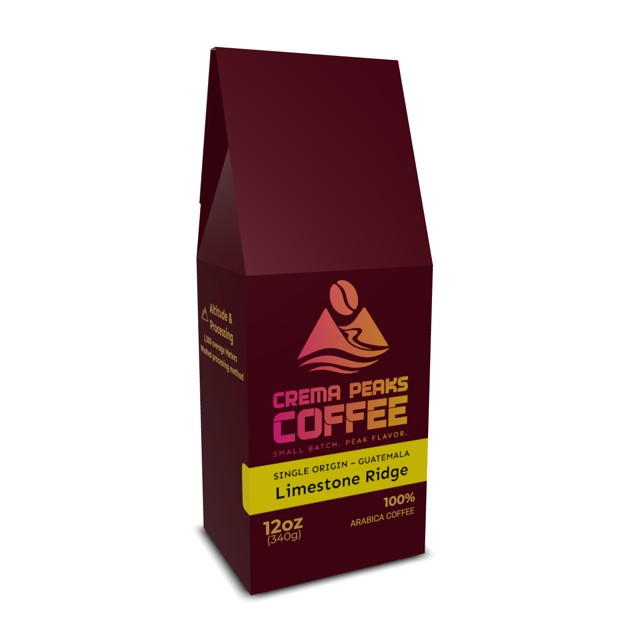 Crema Peaks Coffee 12oz bag with full color logo !00% arabica coffee with yellow stripe