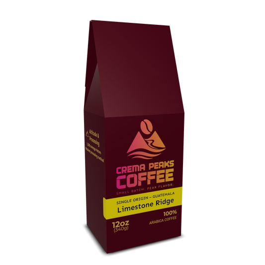Crema Peaks Coffee 12oz bag with full color logo !00% arabica coffee with yellow stripe