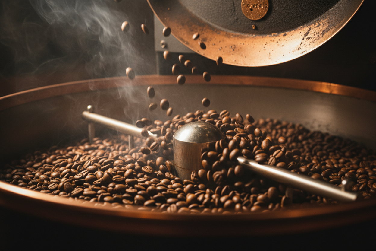 Coffee beans being roasted in a coffee roaster with smoke