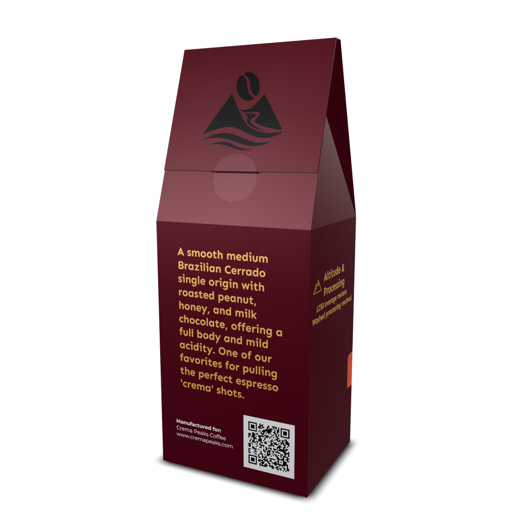 Summit Crest-Brazilian Coffee (SO), Classic Brazil. Elevated. Crowd-pleasing. Roasted peanut warmth and honeyed chocolate, full-bodied comfort with natural sweetness. - Crema Peaks Coffee
