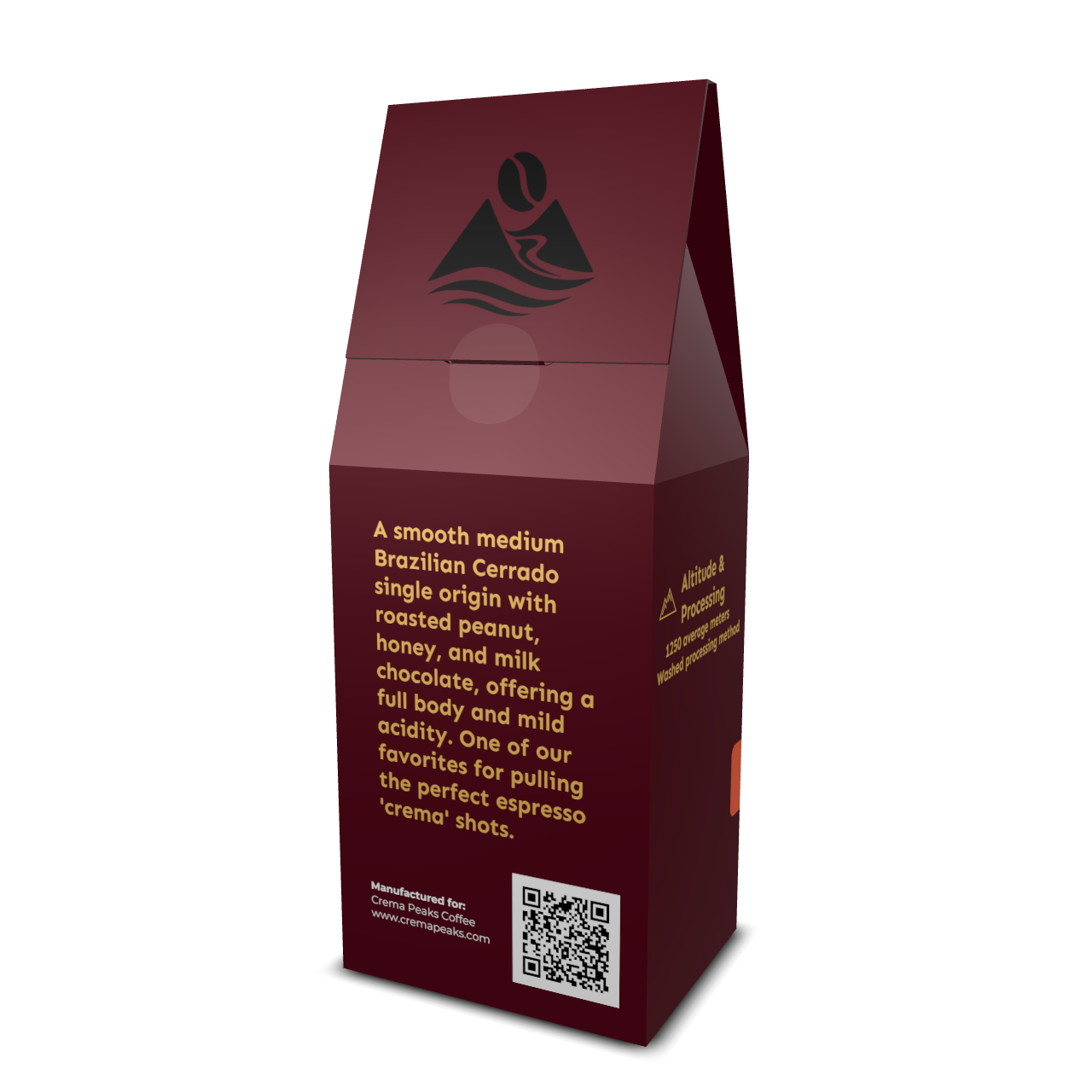 Maroon coffee packaging with text and a QR code with medium roast and single origin tasting notes