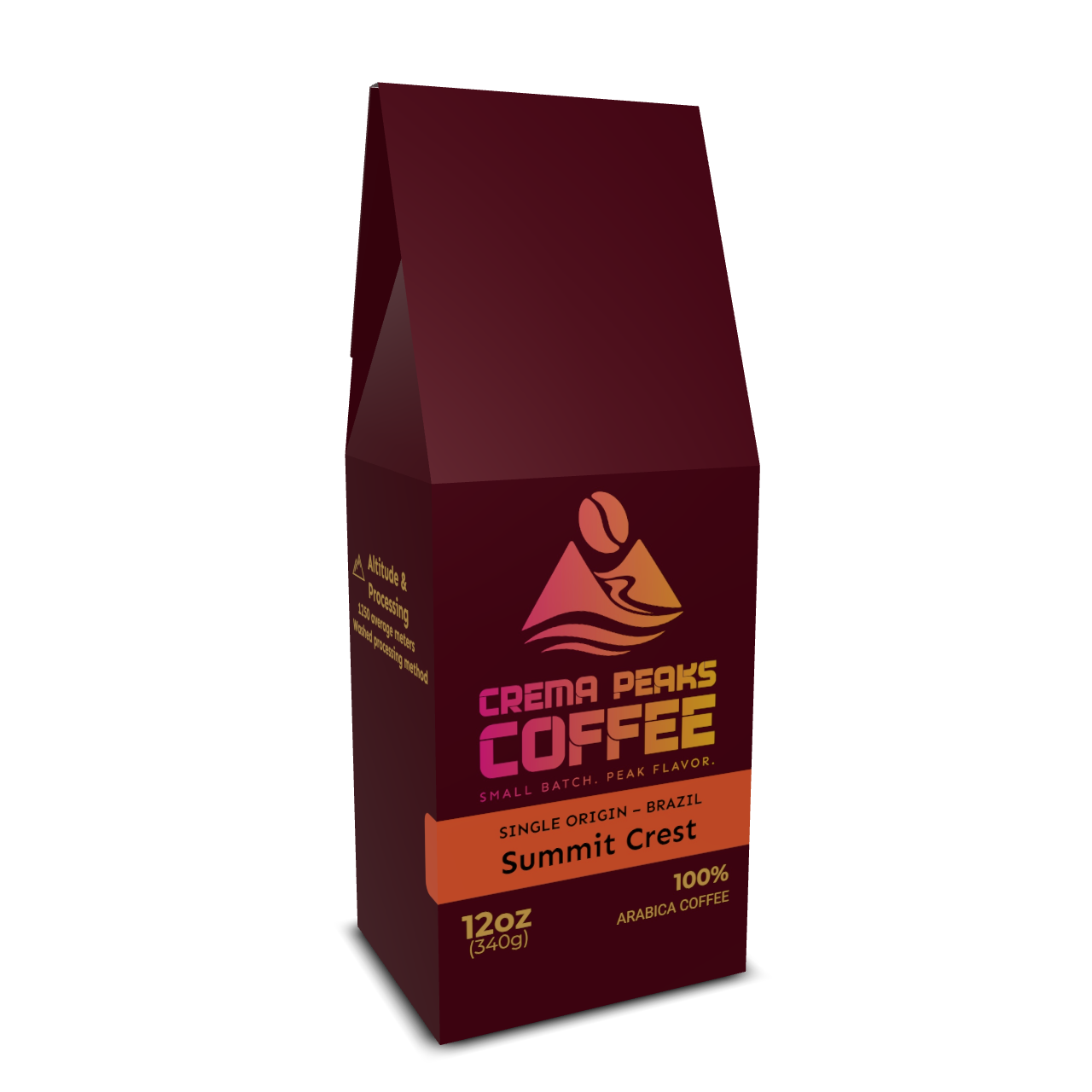 Crema Peaks Coffee package on a marron background with full color logo in 12oz box with 100% arabica coffee