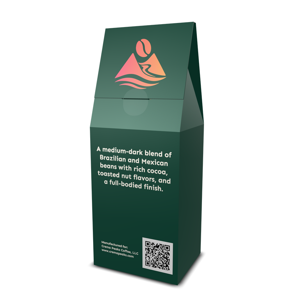 Toasted Crest Blend, Depth Without Bitterness. Cocoa depth and toasted nut warmth — bold, structured, never harsh. - Crema Peaks Coffee