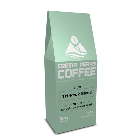 Light sea foam green coffee packaging with text of brand coffee name and origin
